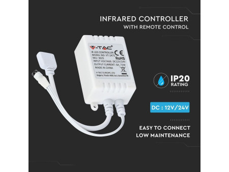 SKU 3625 VT-2472 V-TAC Controller Dimmer Infrarossi IR per Strip LED RGB 3 Canali 12V/24V 6A con Telecomando 24 Tasti