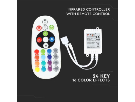 SKU 3625 VT-2472 V-TAC Controller Dimmer Infrarossi IR per Strip LED RGB 3 Canali 12V/24V 6A con Telecomando 24 Tasti
