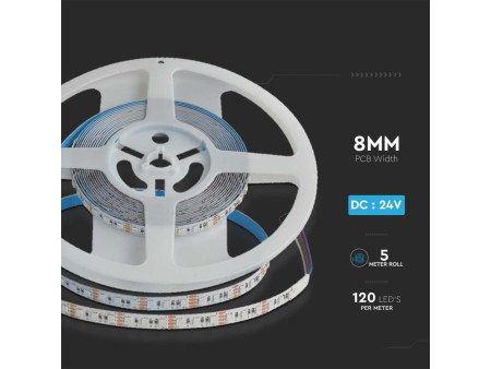 SKU 10556 VT-3535-120 V-TAC Strip LED SMD3535 12W/m Bobina 5m 120 LED/m 24V Doppio PCB RGB 8mm