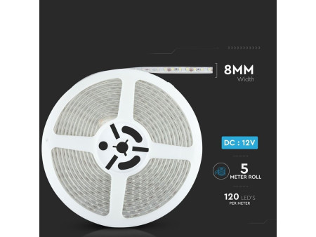 SKU 2037 VT-3528 120-IP65 V-TAC Strip LED SMD3528 7,2W/m Bobina 5m 120 LED/m 12V 6400K IP65 8mm