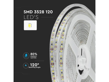 SKU 2037 VT-3528 120-IP65 V-TAC Strip LED SMD3528 7,2W/m Bobina 5m 120 LED/m 12V 6400K IP65 8mm