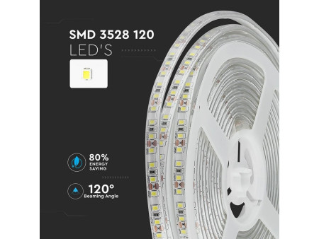 SKU 2038 VT-3528 120-IP65 V-TAC Strip LED SMD3528 7,2W/m Bobina 5m 120 LED/m 12V 3000K IP65 8mm