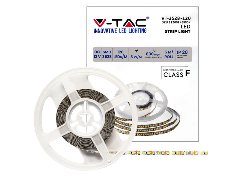 SKU 212002 VT-3528-IP20 V-TAC Strip LED SMD3528 8W/m Bobina 5m 120 LED/m 12V 6500K 8mm