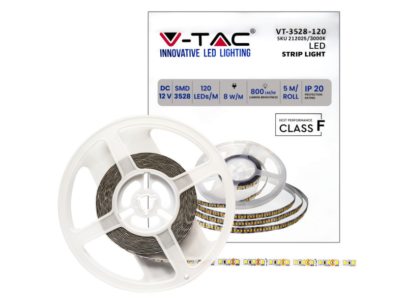 SKU 212025 VT-3528-IP20 V-TAC Strip LED SMD3528 8W/m Bobina 5m 120 LED/m 12V 3000K 8mm