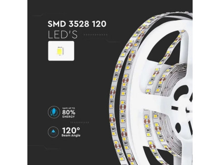 SKU 212025 VT-3528-IP20 V-TAC Strip LED SMD3528 8W/m Bobina 5m 120 LED/m 12V 3000K 8mm