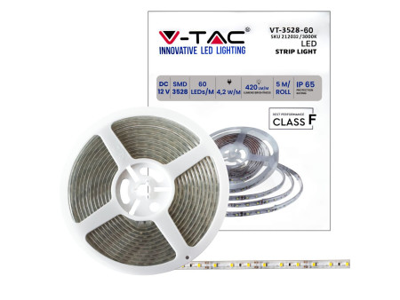 SKU 212032 VT-3528-60-IP65 V-TAC Strip LED SMD3528 5W/m Bobina 5m 60 LED/m 12V 3000K IP65 8.8mm