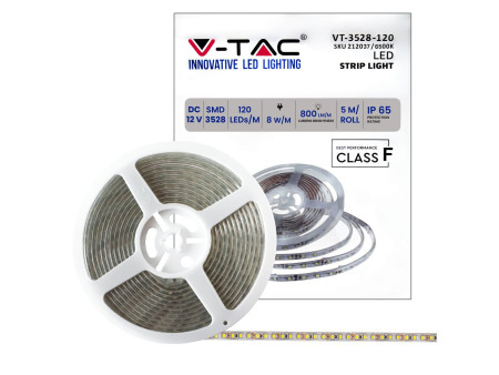 SKU 212037 VT-3528-120-IP65 V-TAC Strip LED SMD 8W/m Bobina 5m 120 LED/m 12V 6500K IP65 9mm