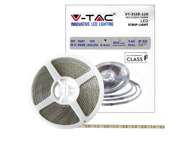 SKU 212037 VT-3528-120-IP65 V-TAC Strip LED SMD 8W/m Bobina 5m 120 LED/m 12V 6500K IP65 9mm