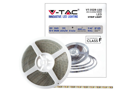 SKU 212038 VT-3528-IP65 V-TAC Strip LED SMD3528 8W/m Bobina 5m 120 LED/m 12V 3000K IP65 9.2mm