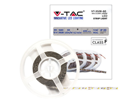 SKU 212041 VT-3528-IP20 V-TAC Strip LED SMD3528 4,2W/m Bobina 5m 60 LED/m 12V 4000K 8mm