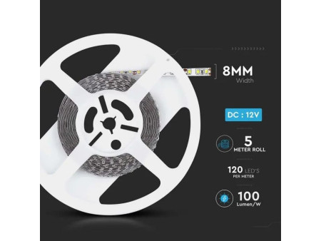 SKU 212042 VT-3528-120-IP20 V-TAC Strip LED SMD3528 8W/m Bobina 5m 120 LED/m 12V 4000K 8mm