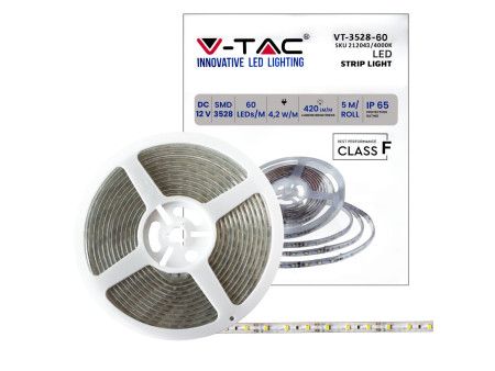 SKU 212043 VT-3528-IP65 V-TAC Strip LED SMD3528 4.2W/m Bobina 5m 60 LED/m 12V 4000K IP65 8mm