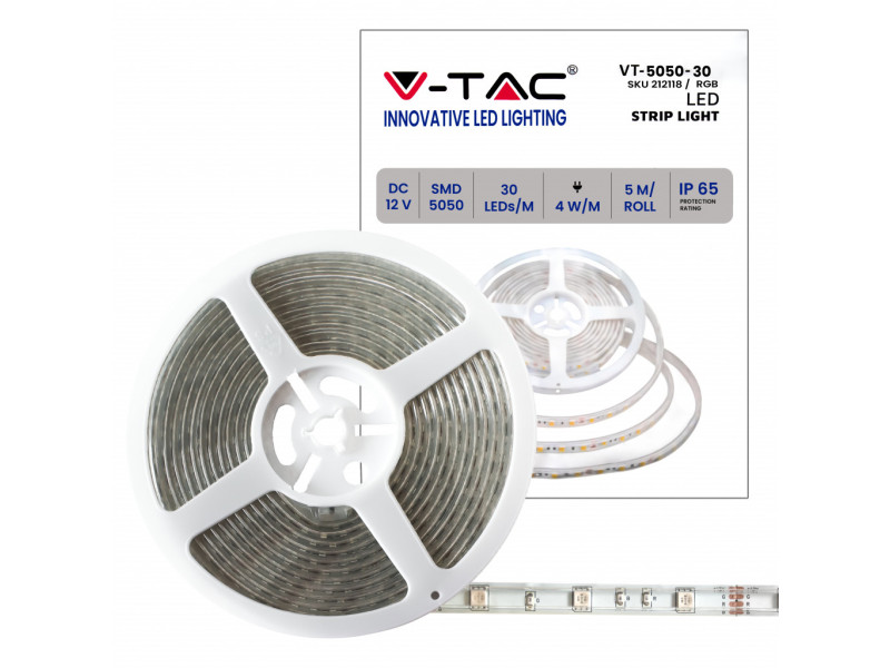 SKU 212118 VT-5050-30-IP65 V-TAC Strip LED SMD5050 4W/m Bobina 5m 30 LED/m 12V RGB IP65 10mm