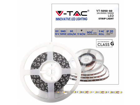 SKU 212122 VT-5050-60-IP20-11 V-TAC Strip LED SMD5050 11W/m Bobina 5m 60 LED/m 12V 3000K 10mm