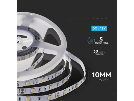 SKU 212135 VT-5050-IP20 V-TAC Strip LED SMD5050 6W/m Bobina 5m 30 LED/m 12V 3000K 10mm
