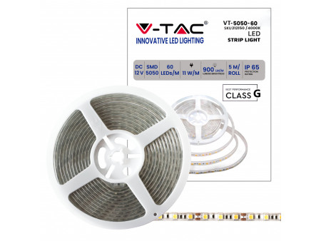 SKU 212150 VT-5050-60-IP65 V-TAC Strip LED SMD5050 11W/m Bobina 5m 60 LED/m 12V 4000K IP65 10mm