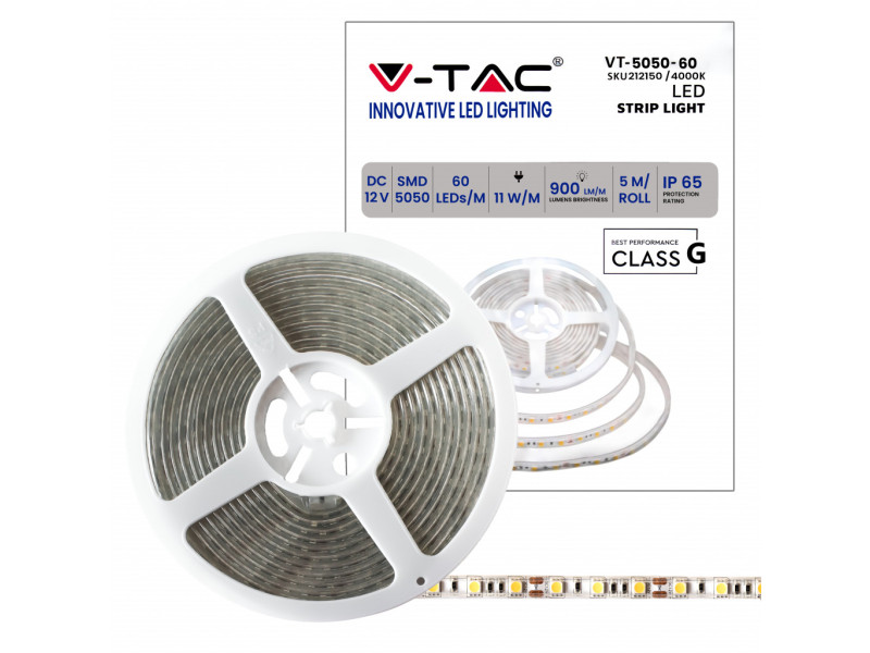 SKU 212150 VT-5050-60-IP65 V-TAC Strip LED SMD5050 11W/m Bobina 5m 60 LED/m 12V 4000K IP65 10mm
