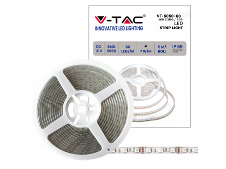 SKU 212155 VT-5050-60-IP65 V-TAC Strip LED SMD5050 7W/m Bobina 5m 60 LED/m 12V RGB IP65 10mm