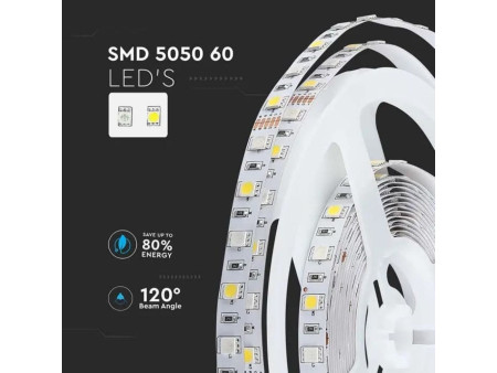SKU 212553 VT-5050-60-IP20-8 V-TAC Strip LED SMD5050 8W/m Bobina 5m 60 LED/m 12V RGB + 3000K 10mm