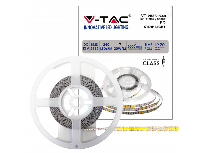 SKU 212164 VT-2835-240-IP20 V-TAC Strip LED SMD2835 20W/m Bobina 5m 240 LED/m 12V 3000K 10mm