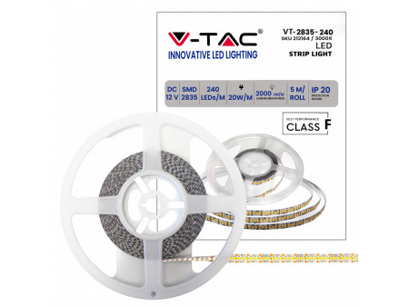 SKU 212166 VT-2835-240-IP20 V-TAC Strip LED SMD2835 20W/m Bobina 5m 240 LED/m 12V 6500K 10mm
