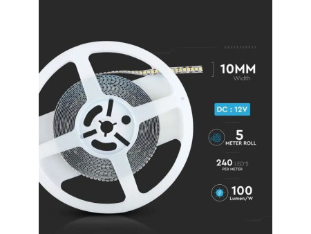 SKU 212164 VT-2835-240-IP20 V-TAC Strip LED SMD2835 20W/m Bobina 5m 240 LED/m 12V 3000K 10mm