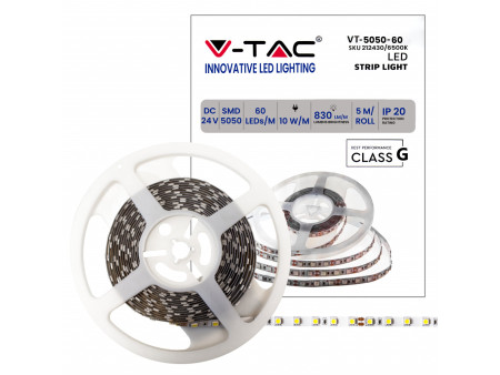 SKU 212431 VT-5050-24V V-TAC Strip LED SMD5050 10W/m Bobina 5m 60 LED/m 24V 3000K 10mm