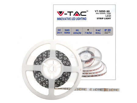 SKU 212591 VT-5050-60-IP20-10 V-TAC Strip LED SMD5050 7W/m Bobina 5m 60 LED/m 24V RGB 10mm