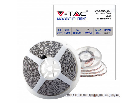 SKU 212592 VT-5050-60-IP20-7 V-TAC Strip LED SMD5050 7W/m Bobina 10m 60 LED/m 24V RGB 10mm