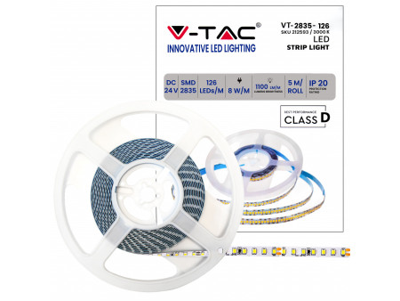 SKU 212595 VT-2835-126-IP20 V-TAC Strip LED SMD2835 8W/m Bobina 5m 126 LED/m 24V 137LM/W 6500K 8mm