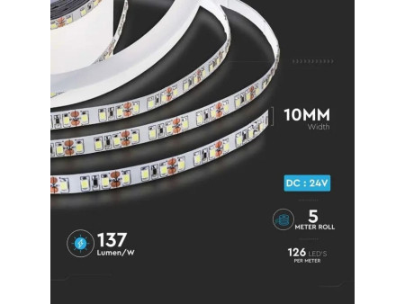 SKU 212595 VT-2835-126-IP20 V-TAC Strip LED SMD2835 8W/m Bobina 5m 126 LED/m 24V 137LM/W 6500K 8mm