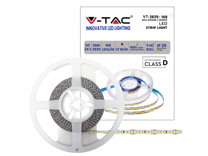 SKU 212597 VT-2835-168 V-TAC Strip LED SMD2835 12W/m Bobina 5m 168 LED/m 24V 140LM/W 4000K 10mm