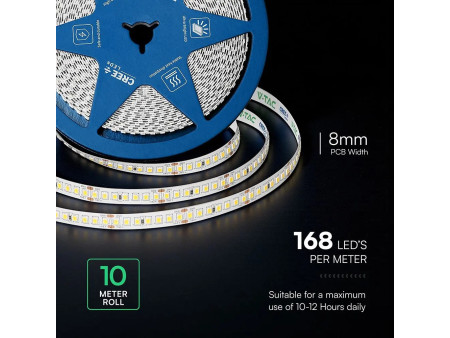 SKU 2125966 VT-2835 168 V-TAC PRO Strip LED SMD2835 Chip CREE 12W/m Bobina 10m 168 LED/m 24V 3000K 8mm CRI90