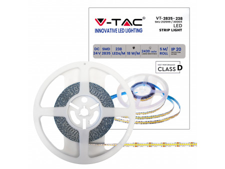 SKU 212601 VT-2835-238-IP20 V-TAC Strip LED SMD2835 18W/m Bobina 5m 238 LED/m 24V 135LM/W 6500K 10mm