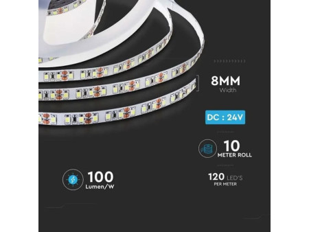 SKU 212623 VT-2835-7.5 V-TAC Strip LED SMD2835 8W/m Bobina 10m 120 LED/m 24V 4000K 8mm