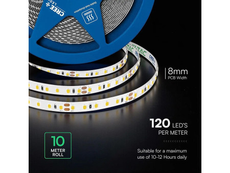 SKU 2126236 VT-2835 120 V-TAC PRO Strip LED SMD2835 Chip CREE 10W/m Bobina 10m 120 LED/m 24V 4000K 8mm CRI90