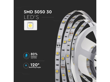 SKU 2133 VT-5050 30-IP20 V-TAC Strip LED SMD5050 4,8W/m Bobina 5m 30 LED/m 12V 6000K 10mm