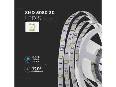 SKU 2135 VT-5050-30-IP20 V-TAC Strip LED SMD5050 4,8W/m Bobina 5m 30 LED/m 12V 3000K 10mm