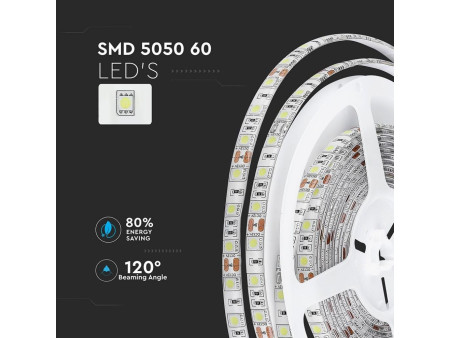 SKU 2148 VT-5050 60-IP65 V-TAC Strip LED SMD5050 10,8W/m Bobina 5m 60 LED/m 12V 6000K IP65 10mm