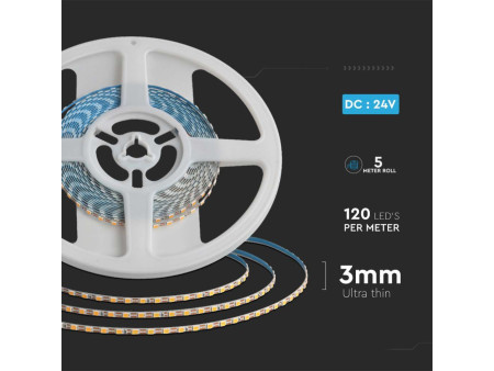 SKU 23026 VT-2835-120 V-TAC Strip LED SMD2835 8W/m Bobina 5m 120 LED/m 24V Doppio PCB 6500K 3mm