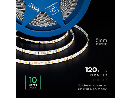 SKU 240806 VT-2835 V-TAC PRO Strip LED SMD2835 Chip CREE 8W/m Bobina 10m 120 LED/m 24V Doppio PCB 3000K 5mm CRI90