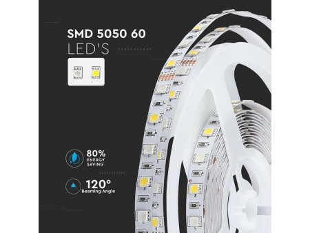 SKU 2553 VT-5050 60-IP20 V-TAC Strip LED SMD5050 10,8W/m Bobina 5m 60 LED/m 12V RGB + 3000K 10mm