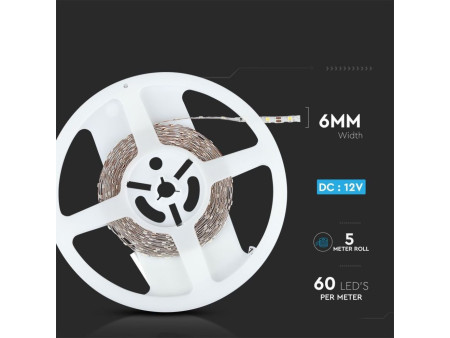 SKU 2561 VT-2835 60 V-TAC Strip LED SMD2835 3,6W/m Bobina 5m 60 LED/m 12V 6400K 6mm