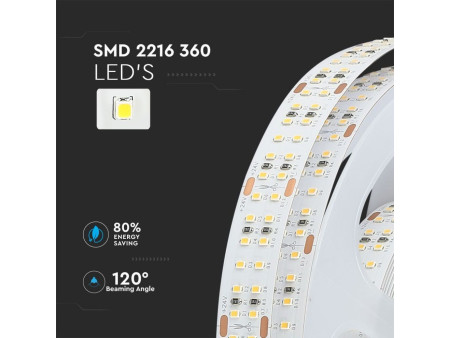 SKU 2580 VT-2216-360 V-TAC Strip LED SMD2216 30W/m Bobina 5m 360 LED/m 24V 3000K 14mm CRI95