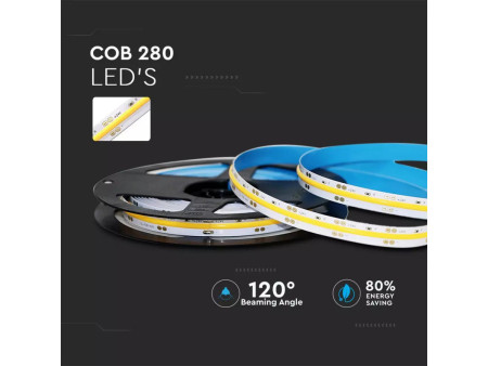 SKU 2652 VT-2835-10 V-TAC Strip LED COB-280 10W/m Bobina 5m 24V 800Lm/m 3000K 8mm