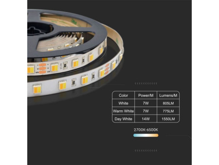 SKU 2897 VT-2835-120 V-TAC Strip LED SMD2835 14W/m Bobina 5m 120 LED/m 24V CCT 10mm