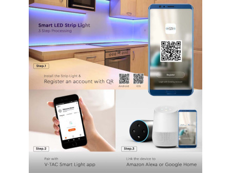 SKU 3005 VT-5050-60-EU V-TAC Kit Strip LED SMD5050 36W/m 60LED/m RGB  3 in1 5 mt Wifi per Google Home e Alexa Dimmerabile IP68