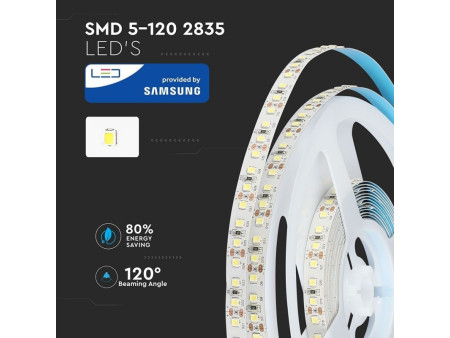 SKU 323 VT-5-120 V-TAC PRO Strip LED SMD2835 Chip Samsung 12W/m Bobina 5m 120 LED/m 12V 3000K 10mm