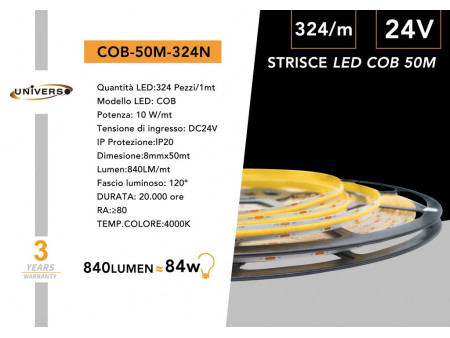 SKU COB-50M-N UNIVERSO Striscia Led SMD COB 4000K Bobina Da 50 Metri 12W/M 24V 8mm IP20 840 Lumen