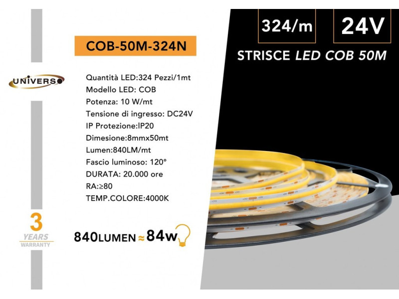 SKU COB-50M-N UNIVERSO Striscia Led SMD COB 4000K Bobina Da 50 Metri 12W/M 24V 8mm IP20 840 Lumen